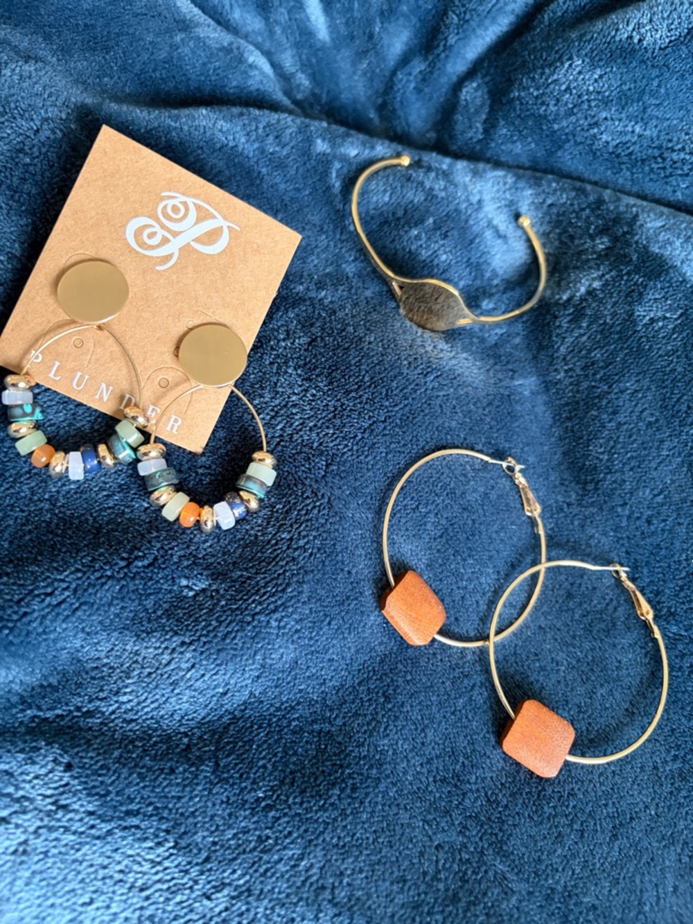 3 Plunder-Gold-Tone Earrings Multicolor Beads & hoops Wood accent gold bracelet